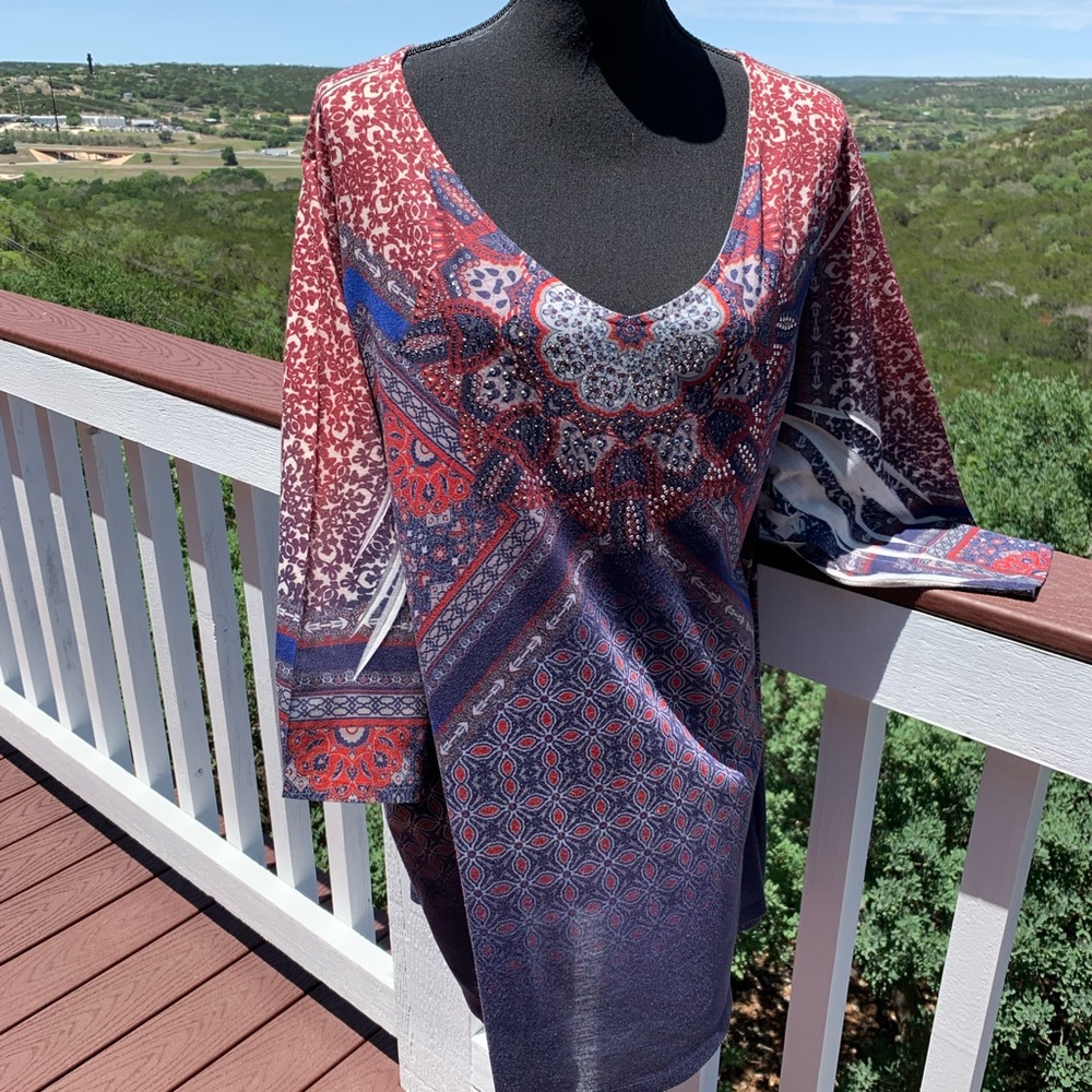 Catherines Bohemian Blue Red Rhinestones Plus Size Tunic